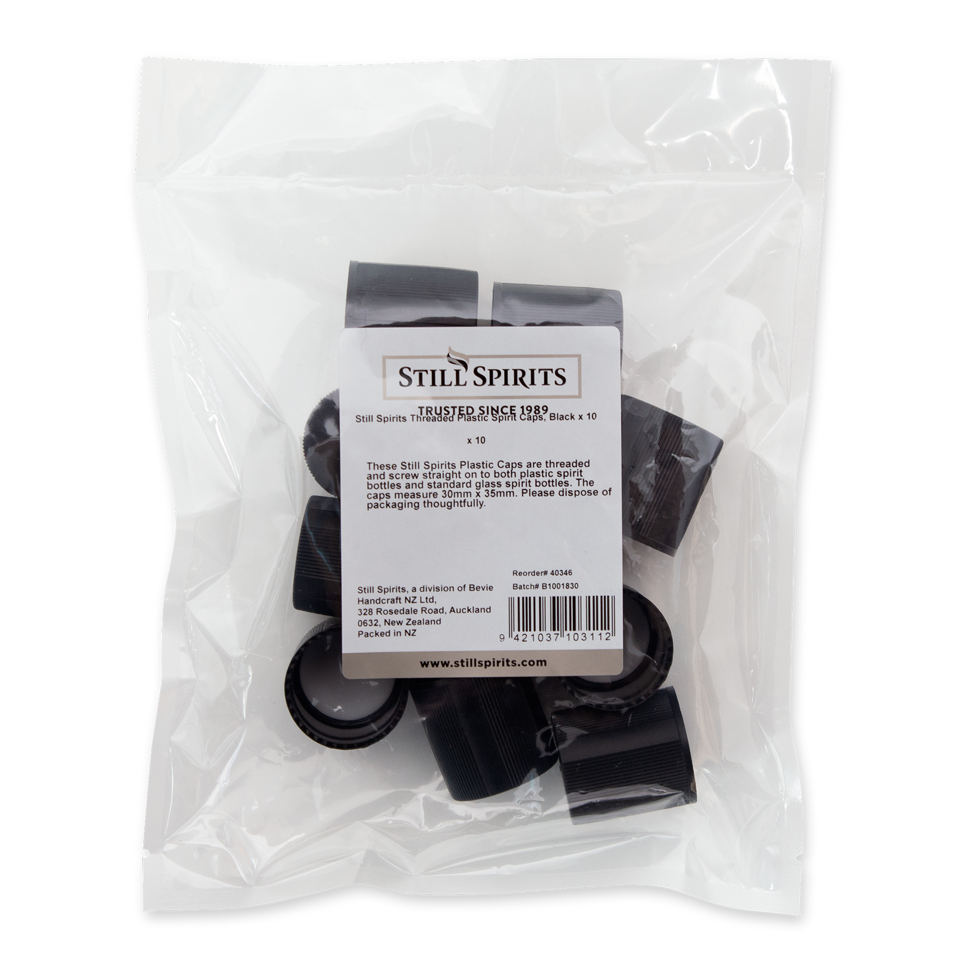 Spirit Bottle Caps 10PK~Still Spirits Threaded~Plastic Spirit Caps Black